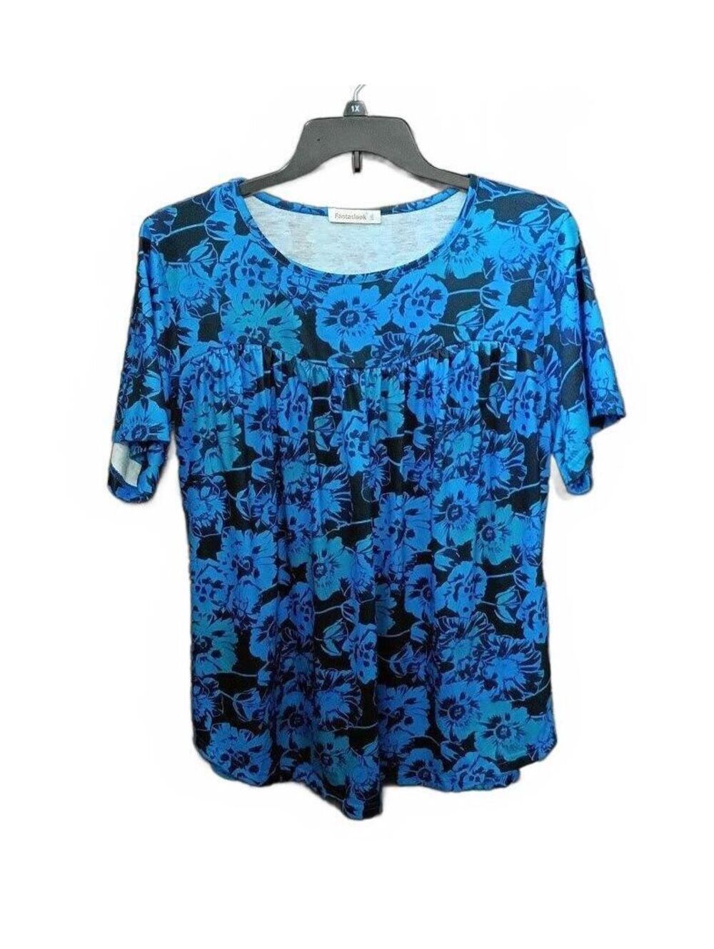 Fantaslook Blue Floral Pattern Short Sleeve Top Size 2XL